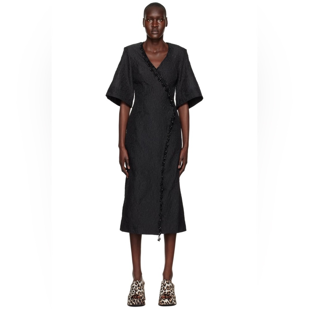 NWT Ganni Black Brocade & Beaded Fringe Wrap Dress